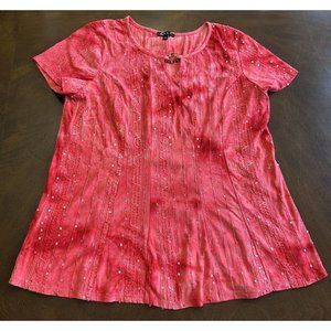Sami & Jo Red Pink Short Sleeve Sequined Top, Size L‎ Large